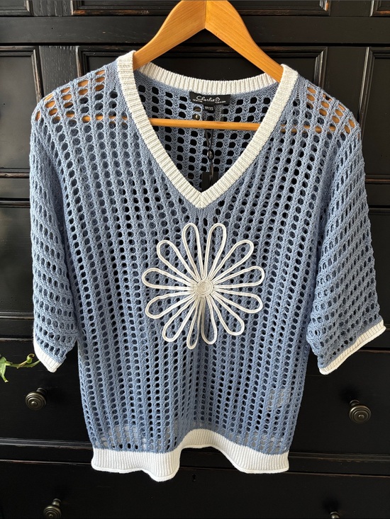 CHARLIE B Sweaters - NWT Charlie B size XS Knit V Neck Fishnet Dolman Short Sleeve Sweater in Haze